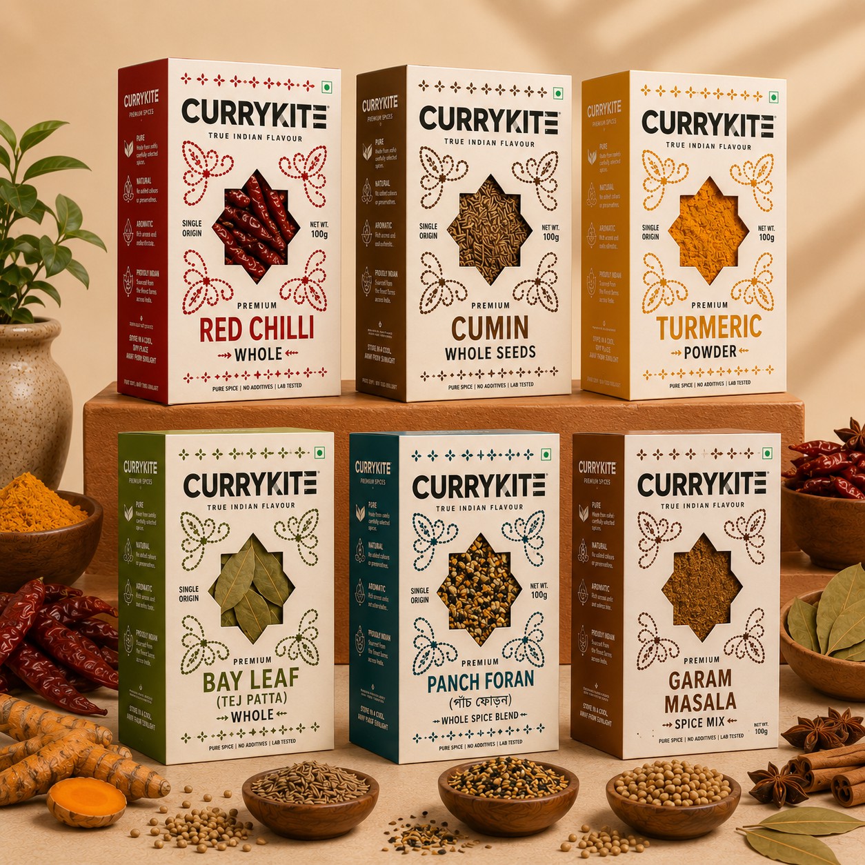 CurryKite Premium Indian Spice Combo – Red Chilli, Cumin, Turmeric, Bay Leaf, Panch Foran Garam Masala